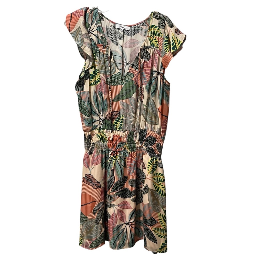Parker Dress Size medium Multicolor Floral 100% Silk Flutter Sleeve Vacation